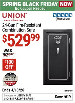 Harbor Freight Coupon UNION SAFE COMPANY 24-GUN FIRE-RESISTANT COMBINATION SAFE Lot No. 57039 Expired: 4/12/26 - $529.99