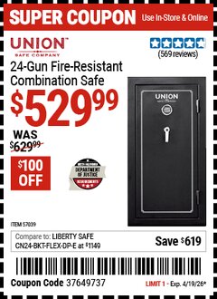 Harbor Freight Coupon UNION SAFE COMPANY 24-GUN FIRE-RESISTANT COMBINATION SAFE Lot No. 57039 Expired: 4/19/26 - $529.99