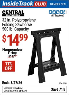Harbor Freight ITC Coupon CENTRAL MACHINERY 32 IN. POLYPROPYLENE FOLDING SAWHORSE, 500 LB. CAPACITY Lot No. 57561 Valid Thru: 8/27/26 - $14.99