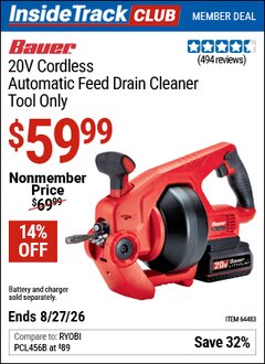 Harbor Freight ITC Coupon BAUER 20V CORDLESS AUTOMATIC FEED DRAIN CLEANER - TOOL ONLY Lot No. 64483 Valid Thru: 8/27/26 - $59.99