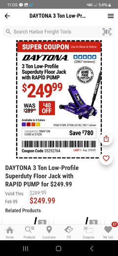 Harbor Freight Coupon DAYTONA 3 TON LOW-PROFILE SUPERDUTY FLOOR JACK WITH RAPID PUMP Lot No. 57589/57590/63183/70611 Expired: 2/9/25 - $249.99