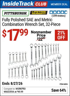 Harbor Freight ITC Coupon PITTSBURGH FULLY POLISHED SAE AND METRIC COMBINATION WRENCH SET, 32-PIECE Lot No. 68854 Valid Thru: 8/27/26 - $17.99