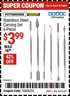 Harbor Freight Coupon PITTSBURGH STAINLESS STEEL CARVING SET, 6-PIECE Lot No. 34152 Expired: 10/11/26 - $3.99