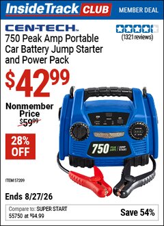 Harbor Freight ITC Coupon CEN-TECH 750 PEAK AMP PORTABLE CAR BATTERY JUMP STARTER AND POWER PACK Lot No. 57209 Valid Thru: 8/27/26 - $42.99