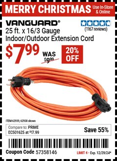 Harbor Freight Coupon VANGUARD 25 FT X 16 GAUGE INDOOR/OUTDOOR EXTENSION CORD WITH INDICATOR LIGHT Lot No. 45069/61992/62939/62938 Expired: 12/29/24 - $7.99