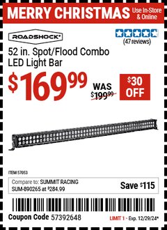 Harbor Freight Coupon ROADSHOCK 52 IN. SPOT/FLOOD COMBO LED LIGHT BAR Lot No. 57053 Expired: 12/29/24 - $169.99