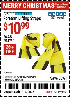 Harbor Freight Coupon HAUL-MASTER FOREARM LIFTING STRAPS Lot No. 56627 Expired: 12/28/25 - $10.99