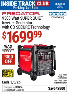 Harbor Freight ITC Coupon PREDATOR 9500 WATT SUPER QUIET INVERTER GENERATOR WITH CO SECURE TECHNOLOGY Lot No. 57080 Expired: 3/5/26 - $1699.99
