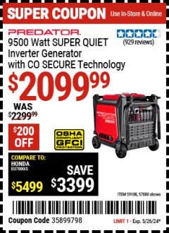 Harbor Freight Coupon PREDATOR 9500 WATT SUPER QUIET INVERTER GENERATOR WITH CO SECURE TECHNOLOGY Lot No. 57080 Expired: 5/26/24 - $20.99