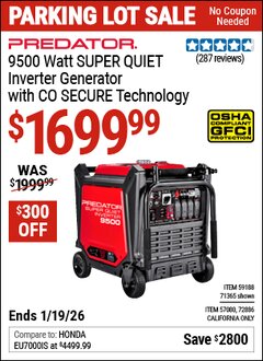 Harbor Freight Coupon PREDATOR 9500 WATT SUPER QUIET INVERTER GENERATOR WITH CO SECURE TECHNOLOGY Lot No. 57080 Expired: 12/31/69 - $1699.99