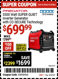 Harbor Freight Coupon PREDATOR 3500 WATT SUPER QUIET INVERTER GENERATOR WITH CO SECURE TECHNOLOGY Lot No. 59137 Expired: 5/26/24 - $6.99
