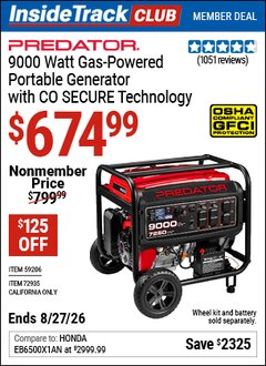 Harbor Freight ITC Coupon PREDATOR 9000 WATT GAS-POWERED PORTABLE GENERATOR WITH CO SECURE TECHNOLOGY Lot No. 59206/72935 Valid Thru: 8/27/26 - $674.99
