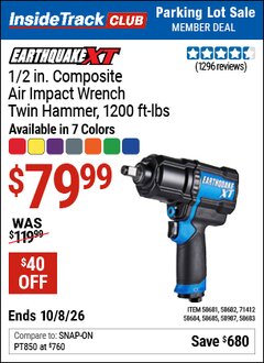 Harbor Freight ITC Coupon EARTHQUAKE XT 1/2 IN. COMPOSITE AIR IMPACT WRENCH, TWIN HAMMER, 1200 FT-LBS Lot No. 58681/58682/58683/58684/58685/58987/71412 Expired: 10/8/26 - $79.99