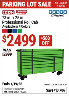 Harbor Freight Coupon ICON 73 IN. X 25 IN. PROFESSIONAL ROLL CAB, RED Lot No. 56142/56295/56296/56297/81742/81760/81761/81762 Expired: 12/31/69 - $2499