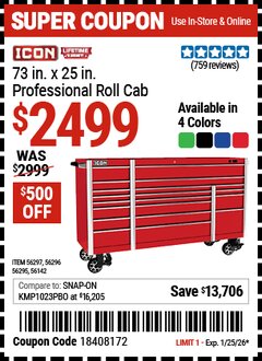 Harbor Freight Coupon ICON 73 IN. X 25 IN. PROFESSIONAL ROLL CAB, RED Lot No. 56142/56295/56296/56297/81742/81760/81761/81762 Expired: 1/25/26 - $2499