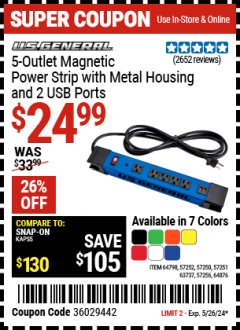 Harbor Freight Coupon U.S. GENERAL 5 OUTLET MAGNETIC POWER STRIP WITH METAL HOUSING AND 2 USB PORTS Lot No. 57256/64798/64876/57252/57250/57251/63737 Expired: 5/26/24 - $24.99