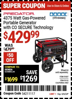 Harbor Freight Coupon PREDATOR 4375 WATT GAS POWERED PORTABLE GENERATOR WITH CO SECURE TECHNOLOGY Lot No. 59207, 59132 Expired: 6/6/24 - $429.99