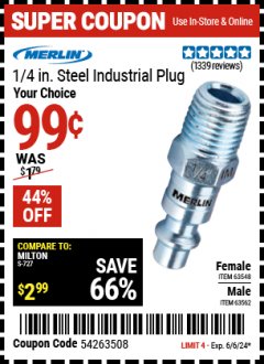 Harbor Freight Coupon MERLIN 1/4 IN. STEEL INDUSTRIAL PLUG Lot No. 63548, 63562 Expired: 6/6/24 - $0.99