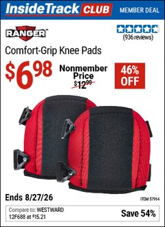 Harbor Freight ITC Coupon RANGER COMFORT-GRIP KNEE PADS Lot No. 57914 Valid Thru: 8/27/26 - $6.98