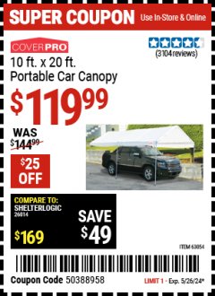 Harbor Freight Coupon COVERPRO 10 FT. X 20 FT. PORTABLE CAR CANOPY Lot No. 63054 Expired: 5/26/24 - $119.99