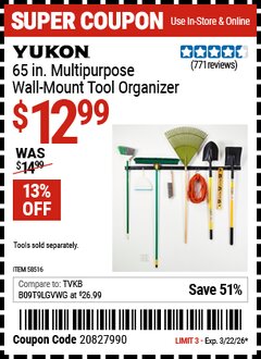 Harbor Freight Coupon YUKON 65 IN. MULTIPURPOSE WALL-MOUNT TOOL ORGANIZER Lot No. 58516 Valid Thru: 3/22/26 - $12.99