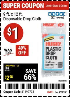 Harbor Freight Coupon 9 FT. X 12 FT. DISPOSABLE DROP CLOTH Lot No. 96142 Expired: 4/28/24 - $1
