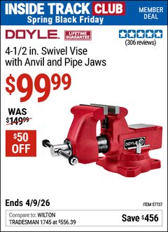 Harbor Freight ITC Coupon DOYLE 4-1/2 IN. SWIVEL VISE WITH ANVIL AND PIPE JAWS Lot No. 57737 Expired: 4/9/26 - $99.99