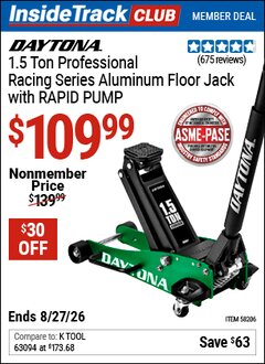 Harbor Freight ITC Coupon DAYTONA 1.5 TON PROFESSIONAL RACING SERIES ALUMINUM FLOOR JACK WITH RAPID PUMP Lot No. 58206 Valid Thru: 8/27/26 - $109.99