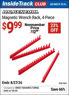 Harbor Freight ITC Coupon U.S. GENERAL MAGNETIC WRENCH RACK, 4-PIECE Lot No. 70023 Valid Thru: 8/27/26 - $9.99