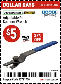 Harbor Freight Coupon PITTSBURGH ADJUSTABLE PIN SPANNER WRENCH Lot No. 36554 Expired: 12/31/25 - $5