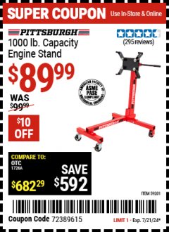 Harbor Freight Coupon 1000LB CAPACITY ENGINE STAND Lot No. 59201 Expired: 7/21/24 - $89.99