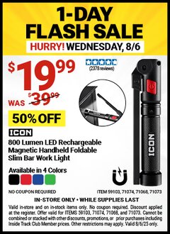 Harbor Freight Coupon ICON 800 LUMEN LED RECHARGEABLE MAGNETIC HANDHELD FOLDABLE SLIM BAR WORK LIGHT Lot No. 59103/71068/71073/71074 Expired: 8/6/25 - $19.99