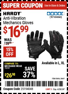 Harbor Freight Coupon HARDY ANTI-VIBRATION MECHANIC'S GLOVES L, XL Lot No. 58696, 58697 Expired: 4/28/24 - $16.99
