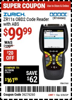 Harbor Freight Coupon ZURICH ZR11S OBDII CODE READER W/ABS Lot No. 57665 Expired: 5/26/24 - $99.99