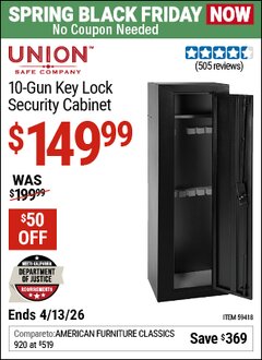 Harbor Freight Coupon UNION SAFE COMPANY 10-GUN KEY LOCK SECURITY CABINET Lot No. 59418 Expired: 4/12/26 - $149.99