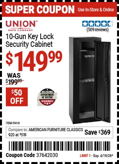 Harbor Freight Coupon UNION SAFE COMPANY 10-GUN KEY LOCK SECURITY CABINET Lot No. 59418 Expired: 4/19/26 - $149.99