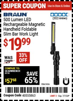 Harbor Freight Coupon 500 LUMEN LED RECHARGEABLE MAGNETIC HANDHELD FOLDABLE SLIM BAR WORK LIGHT Lot No. 59536 Expired: 7/7/24 - $19.99