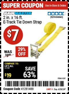Harbor Freight Coupon 2 IN. X 16 FT. E-TRACK TIE DOWN STRAP Lot No. 61287/66727/62758 Expired: 4/28/24 - $7