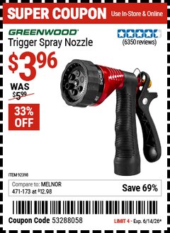 Harbor Freight Coupon GREENWOOD TRIGGER SPRAY NOZZLE Lot No. 92398 Expired: 6/14/26 - $3.96