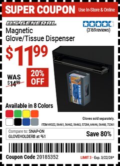 Harbor Freight Coupon U.S. General Magnetic Glove/tissue dispenser Lot No. 64646/57284/56460/56461/56462/56463/69322/72361 Valid Thru: 3/22/26 - $11.99
