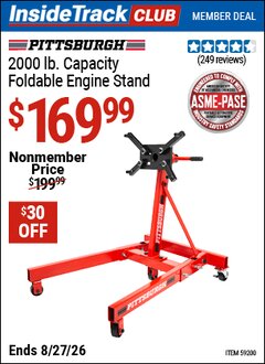 Harbor Freight ITC Coupon PITTSBURGH 2000 LB. CAPACITY FOLDABLE ENGINE STAND Lot No. 59200 Valid Thru: 8/27/26 - $169.99