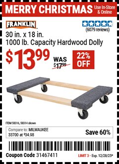 Harbor Freight Coupon FRANKLIN 30 IN. X 18 IN., 1000 LB. CAPACITY HARDWOOD DOLLY Lot No. 58314/58316 Expired: 12/28/25 - $13.99