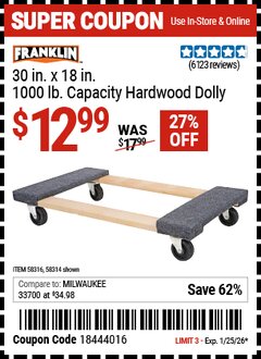 Harbor Freight Coupon FRANKLIN 30 IN. X 18 IN., 1000 LB. CAPACITY HARDWOOD DOLLY Lot No. 58314/58316 Expired: 1/25/26 - $12.99