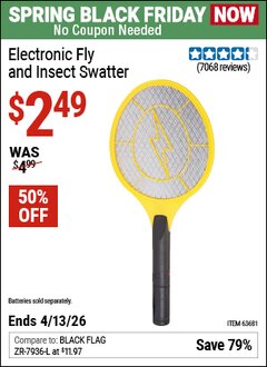 Harbor Freight Coupon ELECTRONIC FLY AND INSECT SWATTER Lot No. 61351/62540/63681 Expired: 4/12/26 - $2.49
