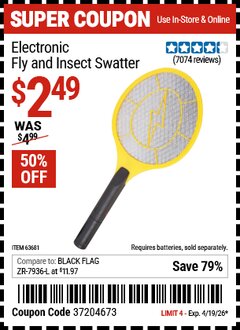 Harbor Freight Coupon ELECTRONIC FLY AND INSECT SWATTER Lot No. 61351/62540/63681 Expired: 4/19/26 - $2.49
