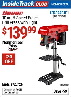 Harbor Freight ITC Coupon BAUER 10 IN., 5-SPEED BENCH DRILL PRESS WITH LIGHT Lot No. 58782 Valid Thru: 8/27/26 - $139.99