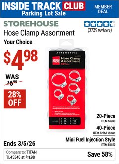 Harbor Freight ITC Coupon STOREHOUSE HOSE CLAMP ASSORTMENT Lot No. 58150/62363/63280 Expired: 3/5/26 - $4.98
