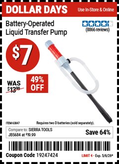 Harbor Freight Coupon BATTERY-OPERATED LIQUID TRANSFER PUMP Lot No. 63847/64124/56646 Valid Thru: 5/6/26 - $7