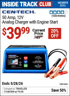 Harbor Freight ITC Coupon CEN-TECH 50 AMP, 12V ANALOG CHARGER WITH ENGINE START Lot No. 59424 Expired: 5/28/26 - $39.99
