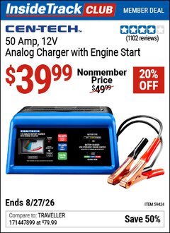 Harbor Freight ITC Coupon CEN-TECH 50 AMP, 12V ANALOG CHARGER WITH ENGINE START Lot No. 59424 Valid Thru: 8/27/26 - $39.99